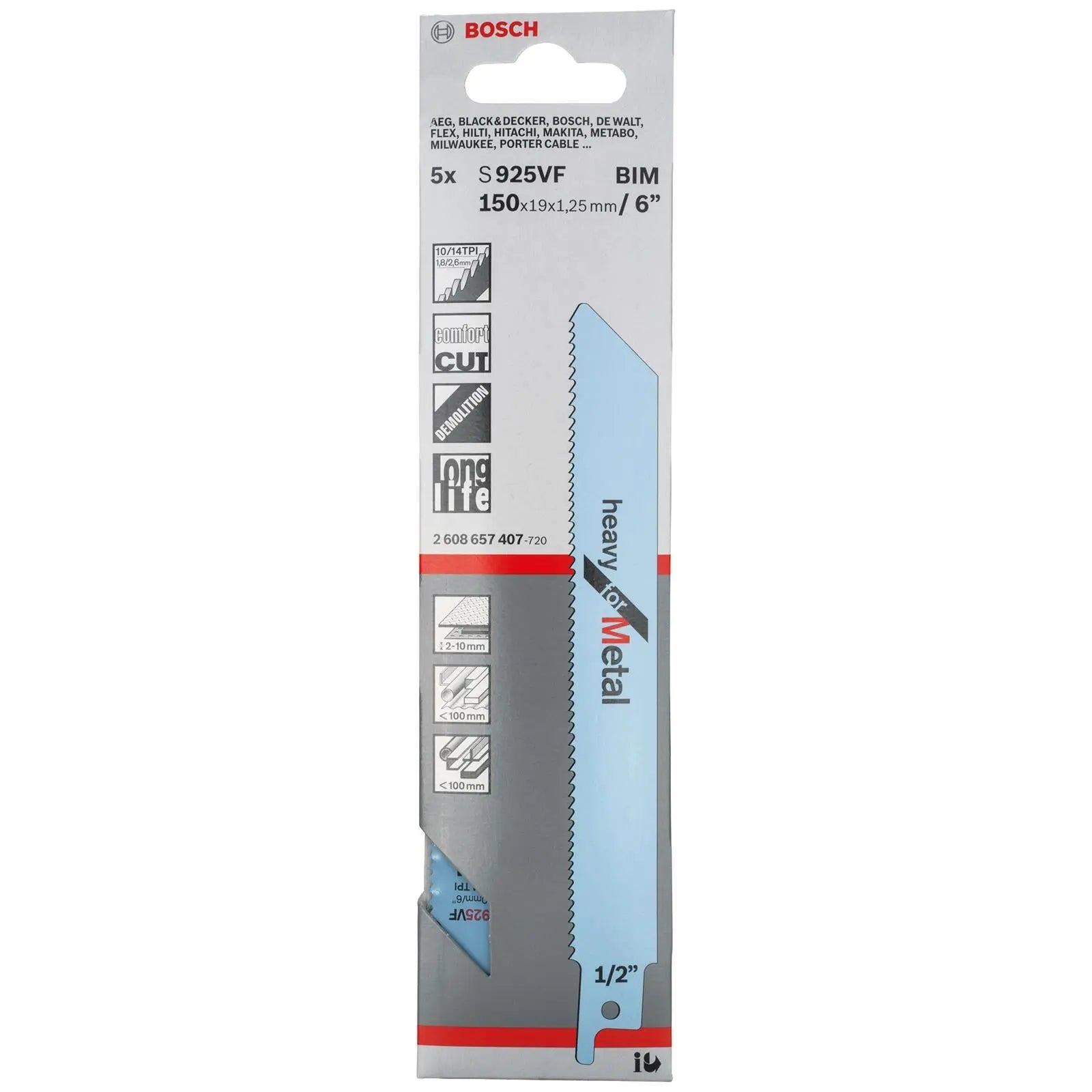 Bosch Reciprocating Saw Blades 150mm 6" 5 Pack S925VF Bi-Metal Recipro Blade Heavy for Metal  White Rose Tools