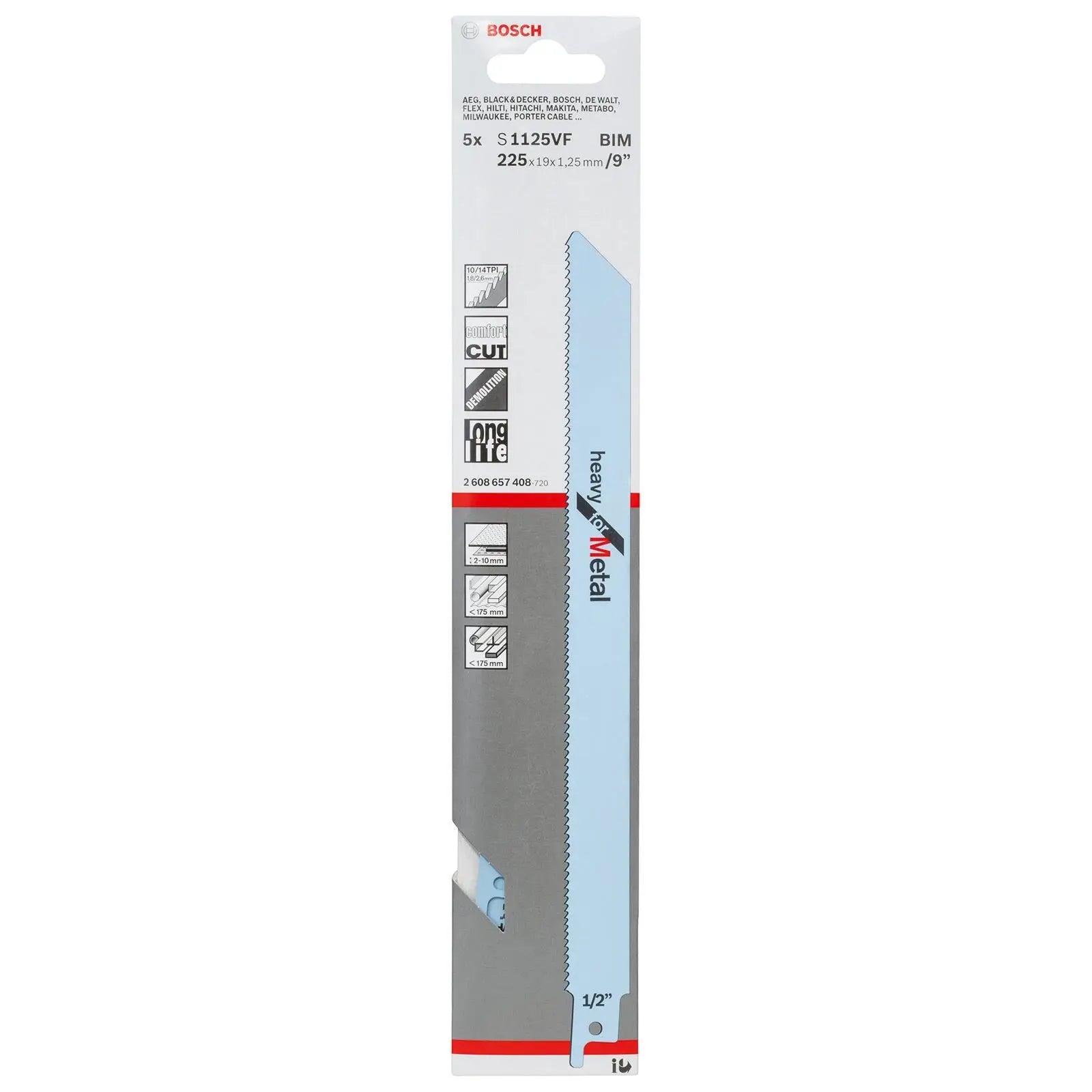 Bosch Reciprocating Saw Blades 225mm 9" 5 Pack S1125VF Bi-Metal Recipro Blade Heavy for Metal  White Rose Tools