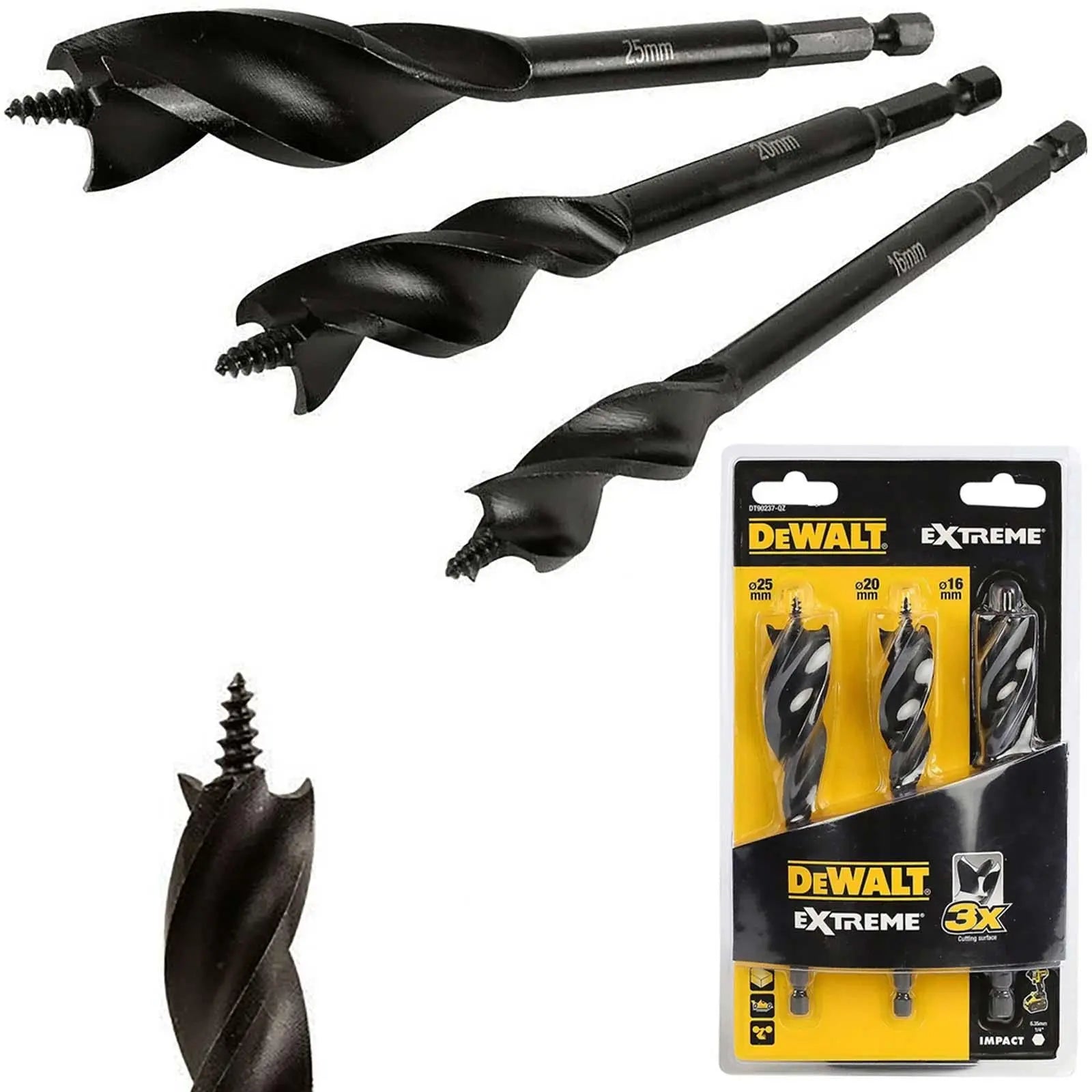 DeWalt Extreme Auger Drill Bit Set Tri Flute Spade Wood Self-Feed 3pc 152mm  White Rose Tools