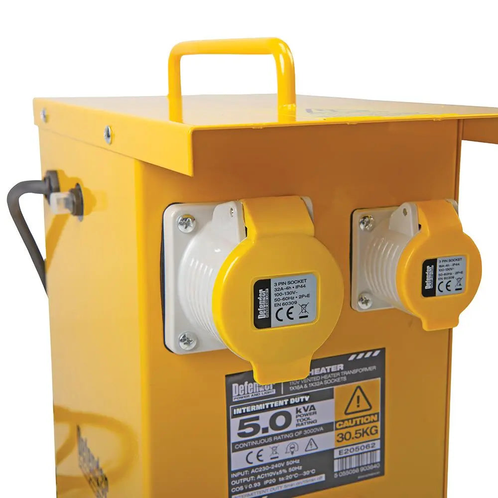 Defender 5kVA Metal Heater Transformer 16A / 32A 110V E205062  White Rose Tools