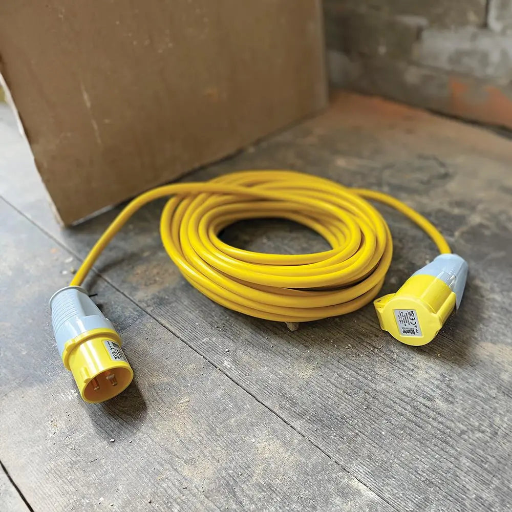 Defender Extension Lead Yellow 2.5mm2 16A 14m 110V E85121  White Rose Tools