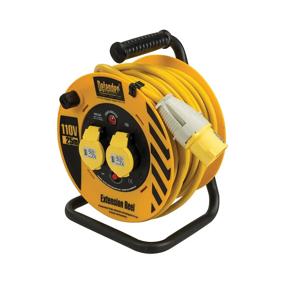 Defender Heavy Duty Industrial Cable Reel 25m 110V E86455  White Rose Tools