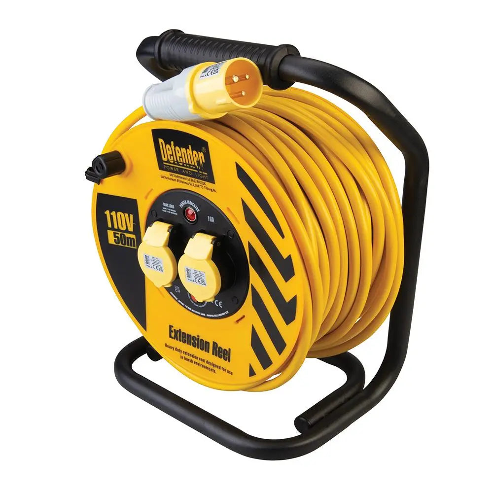 Defender Heavy Duty Industrial Cable Reel 50m 110V E86510  White Rose Tools
