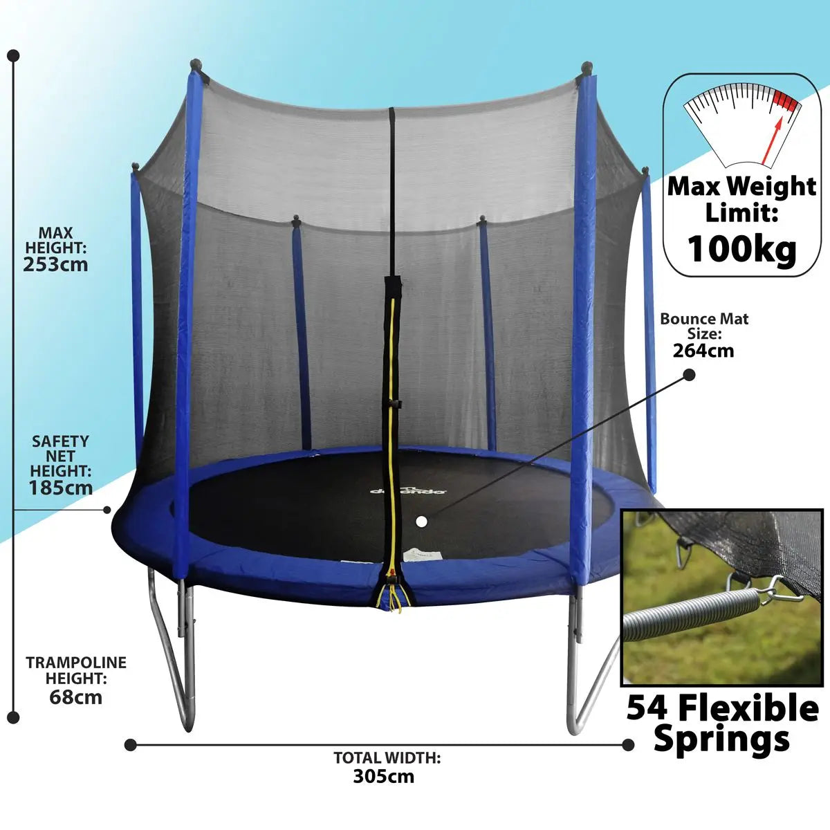 Dellonda 10ft Heavy-Duty Outdoor Trampoline with Safety Enclosure Net  White Rose Tools