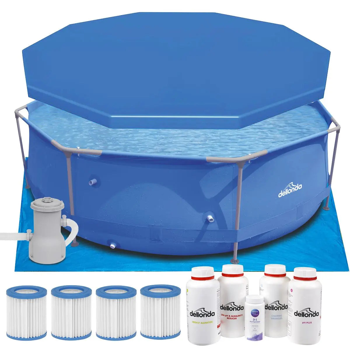 Dellonda 10ft Steel Frame Swimming Pool Round with Accessories, Blue  White Rose Tools