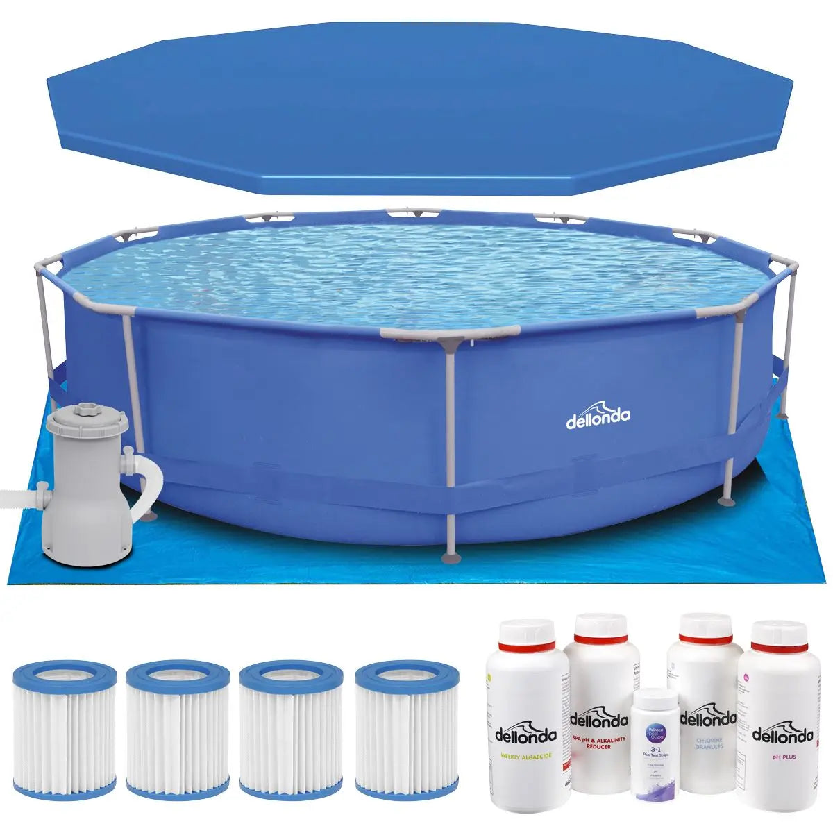 Dellonda 12ft Steel Frame Swimming Pool Round with Accessories, Blue  White Rose Tools