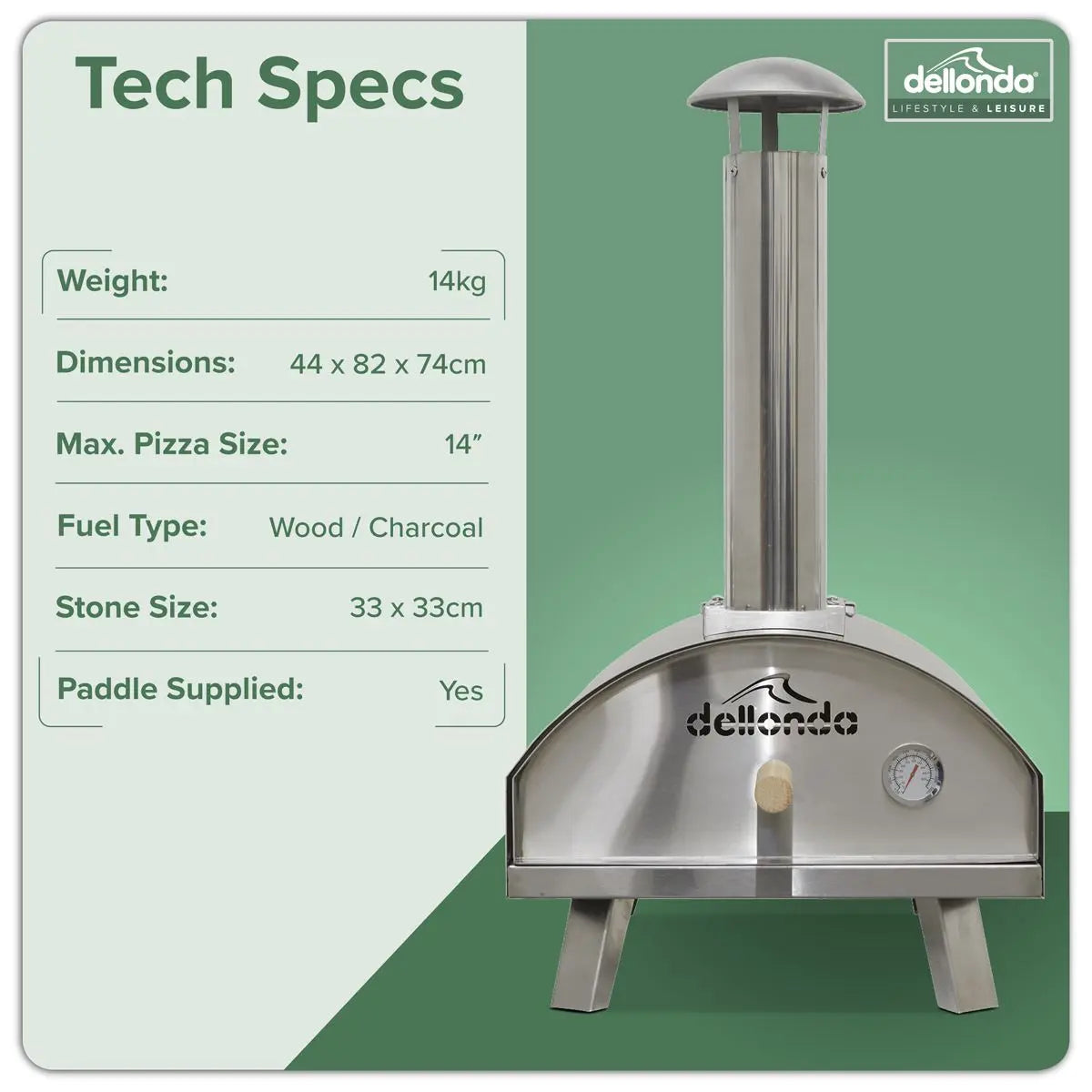 Dellonda 14" Portable Wood-Fired Pizza & Smoking Oven - Stainless Steel  White Rose Tools
