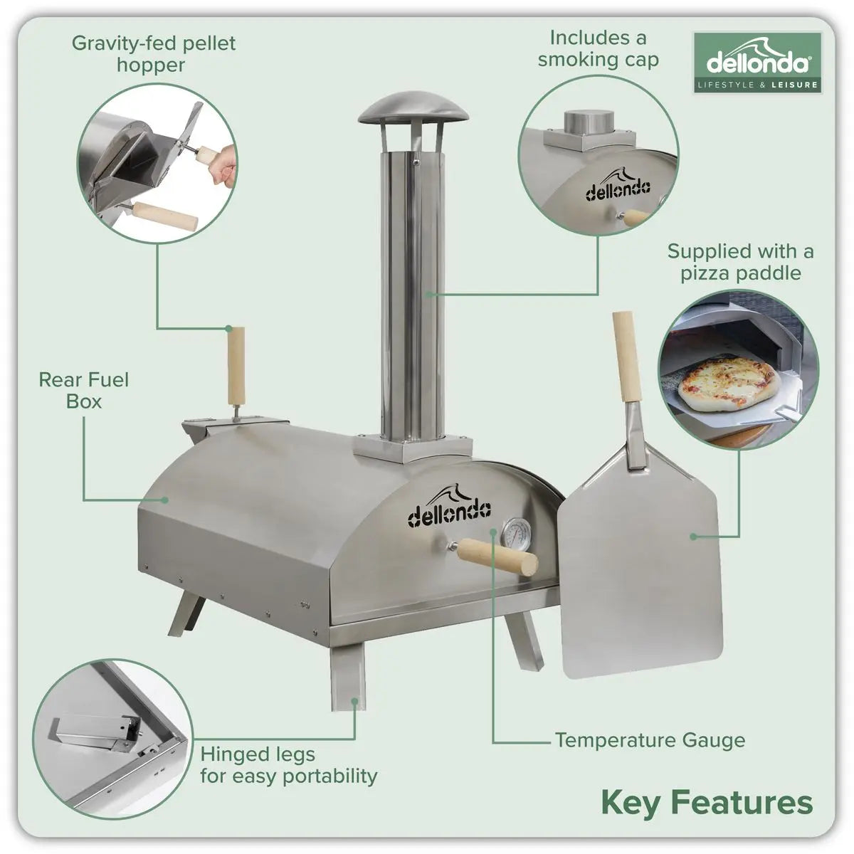 Dellonda 14" Portable Wood-Fired Pizza & Smoking Oven - Stainless Steel  White Rose Tools