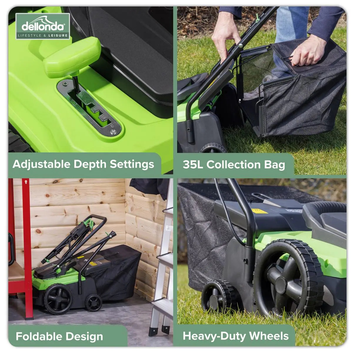 Dellonda 1500W Electric 2-in-1 Scarifier with 5-Heights, 36cm Cutting Diameter, 45L Grass Collection Bag, 10m Mains Cable, Hand Push  White Rose Tools