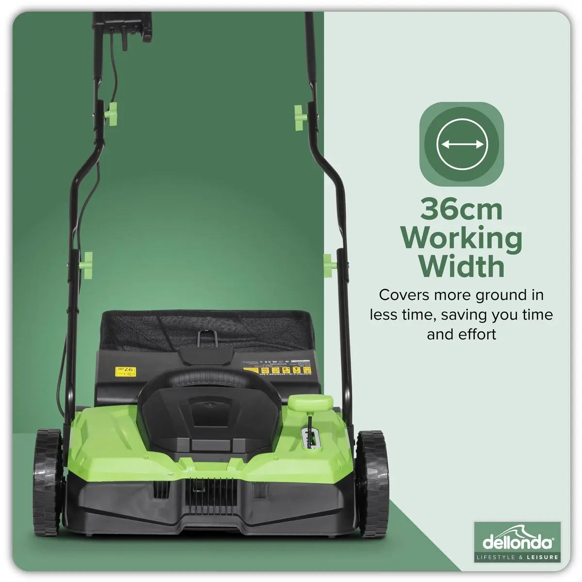 Dellonda 1500W Electric 2-in-1 Scarifier with 5-Heights, 36cm Cutting Diameter, 45L Grass Collection Bag, 10m Mains Cable, Hand Push  White Rose Tools