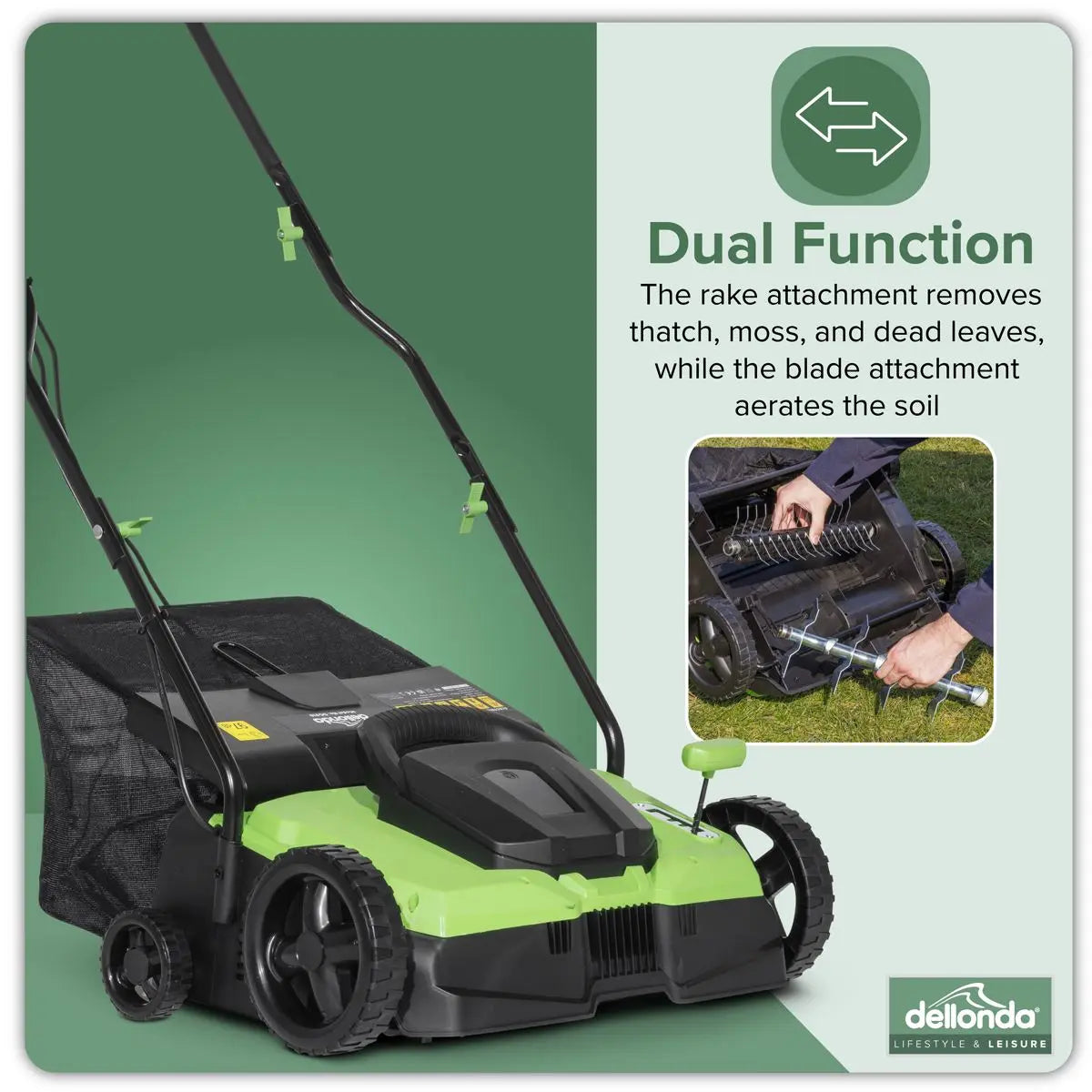 Dellonda 1500W Electric 2-in-1 Scarifier with 5-Heights, 36cm Cutting Diameter, 45L Grass Collection Bag, 10m Mains Cable, Hand Push  White Rose Tools