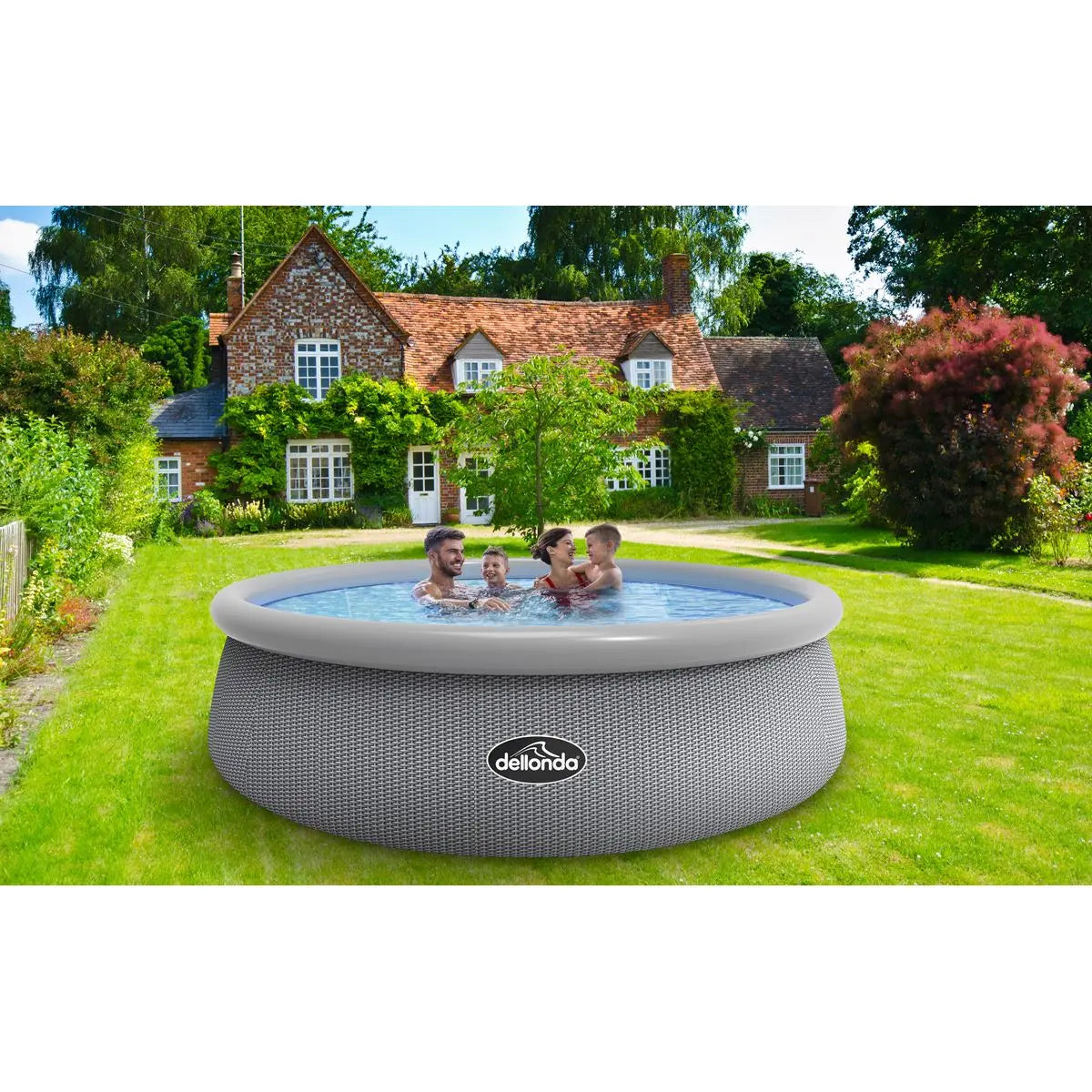 Dellonda 15ft Round Garden Kids Paddling Swimming Pool & Pump Grey Rattan  White Rose Tools