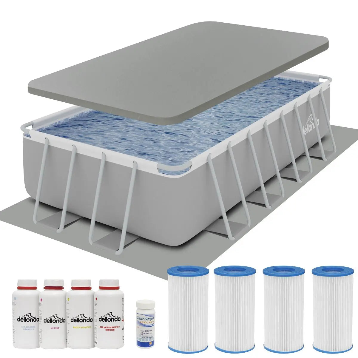 Dellonda 18ft Deluxe Steel Frame Swimming Pool, Rectangular with Accessories  White Rose Tools
