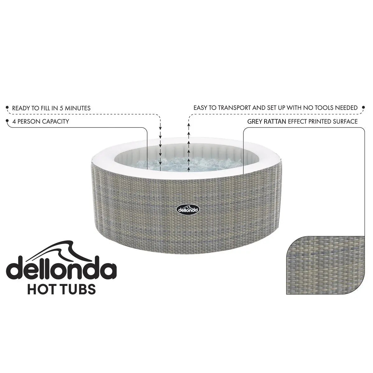 Dellonda 2-4 Person Inflatable Hot Tub Spa with Smart Pump - Rattan Effect  White Rose Tools