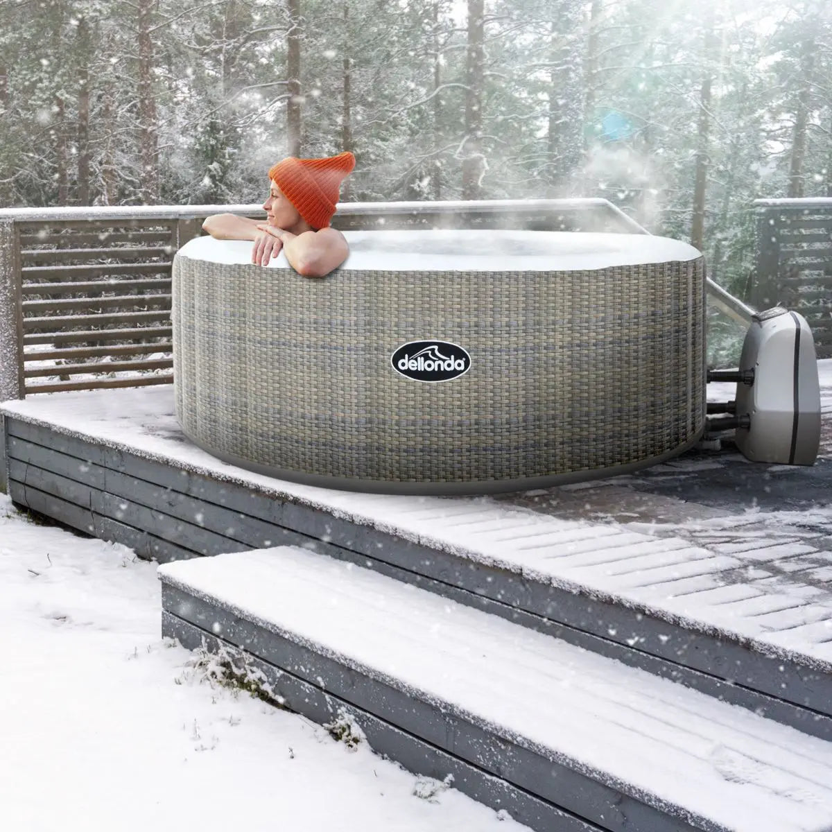 Dellonda 2-4 Person Inflatable Hot Tub Spa with Smart Pump - Rattan Effect  White Rose Tools