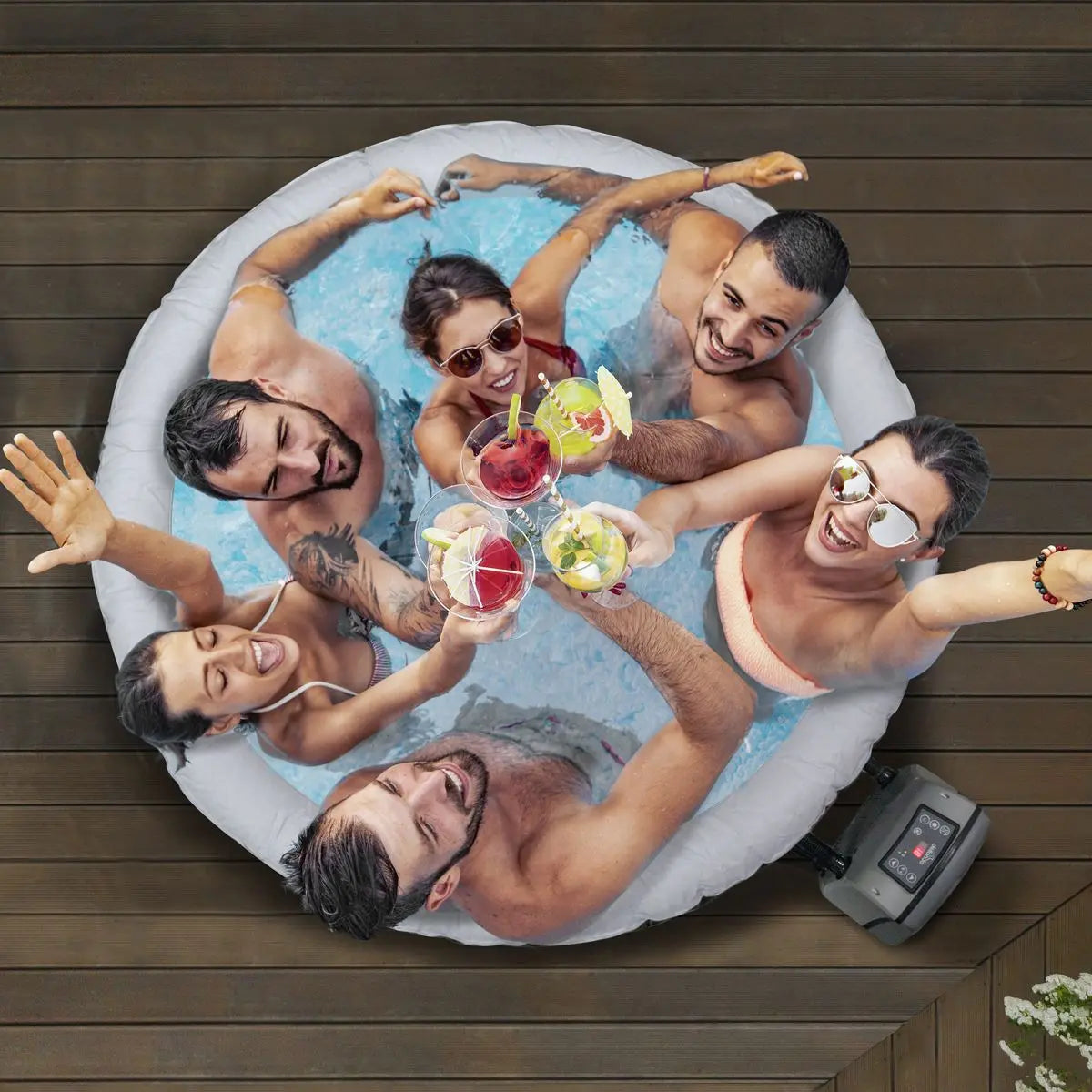 Dellonda 2-4 Person Inflatable Hot Tub Spa with Smart Pump - Wood Effect  White Rose Tools