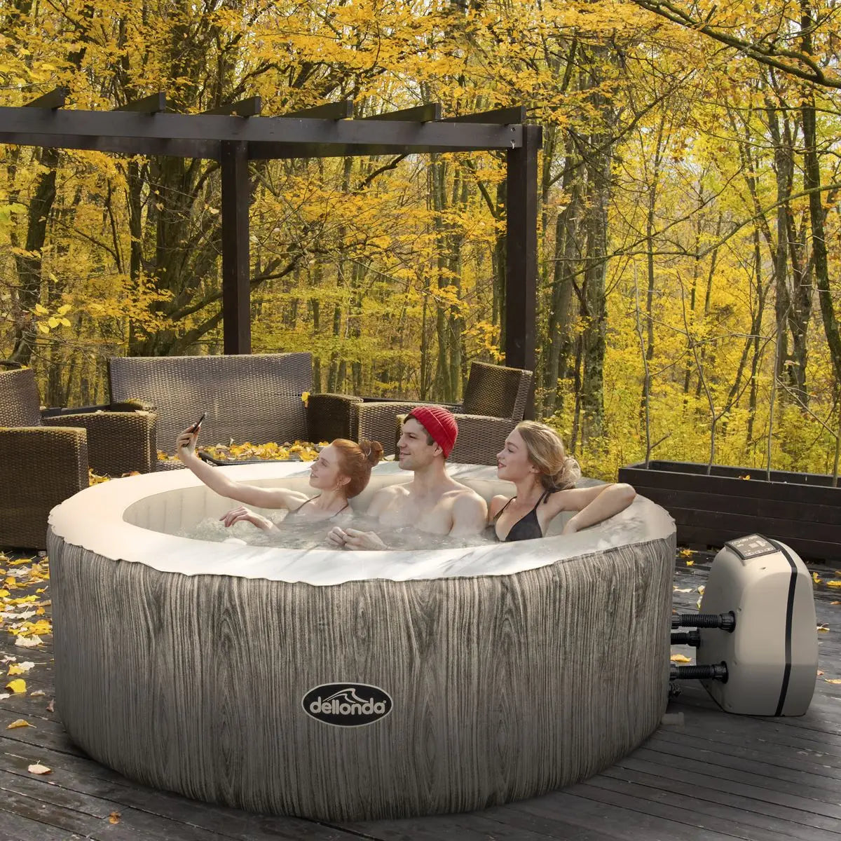 Dellonda 2-4 Person Inflatable Hot Tub Spa with Smart Pump - Wood Effect  White Rose Tools