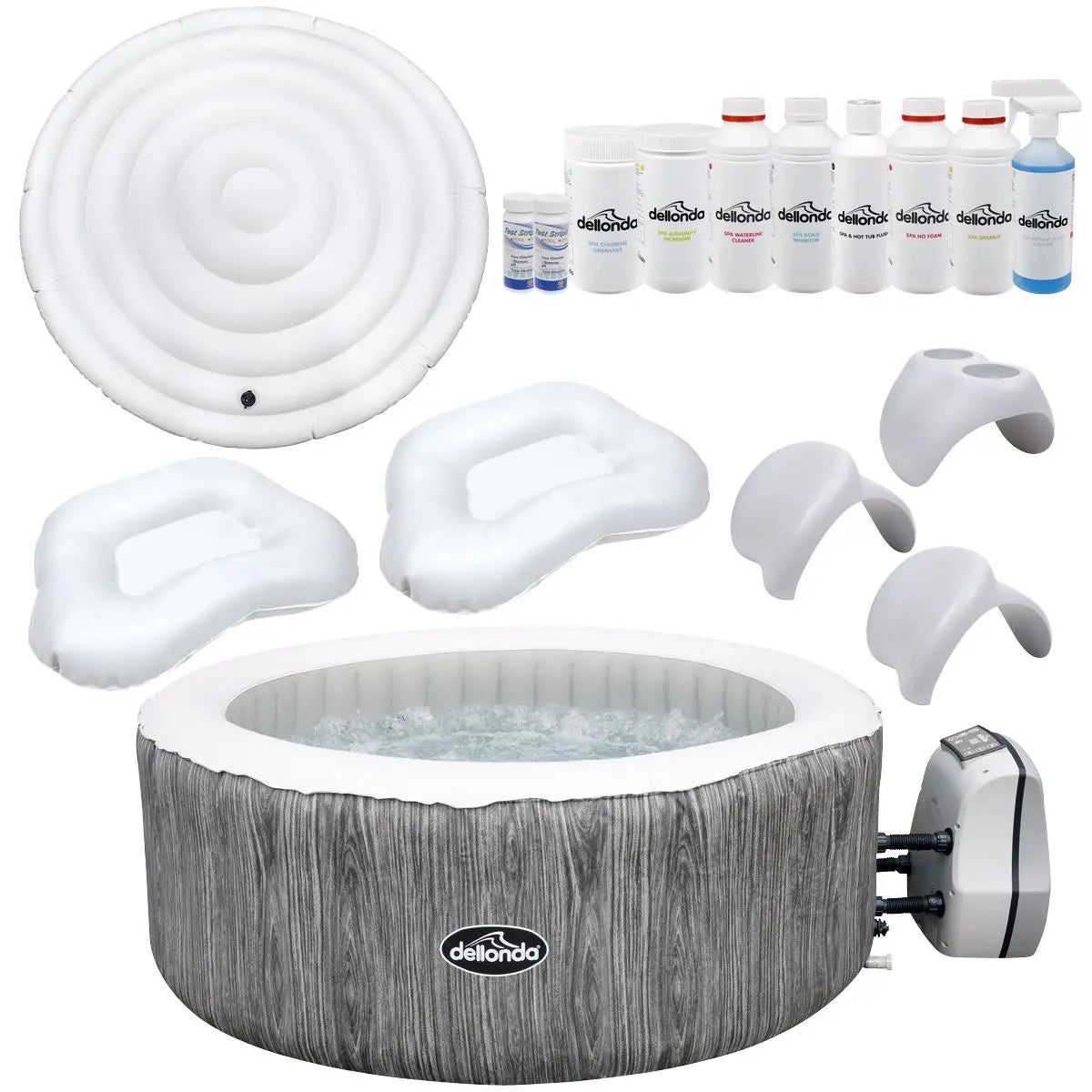 Dellonda 2-4 Person Inflatable Hot Tub Spa with Smart Pump and Master Accessory Kit - Wood Effect  White Rose Tools