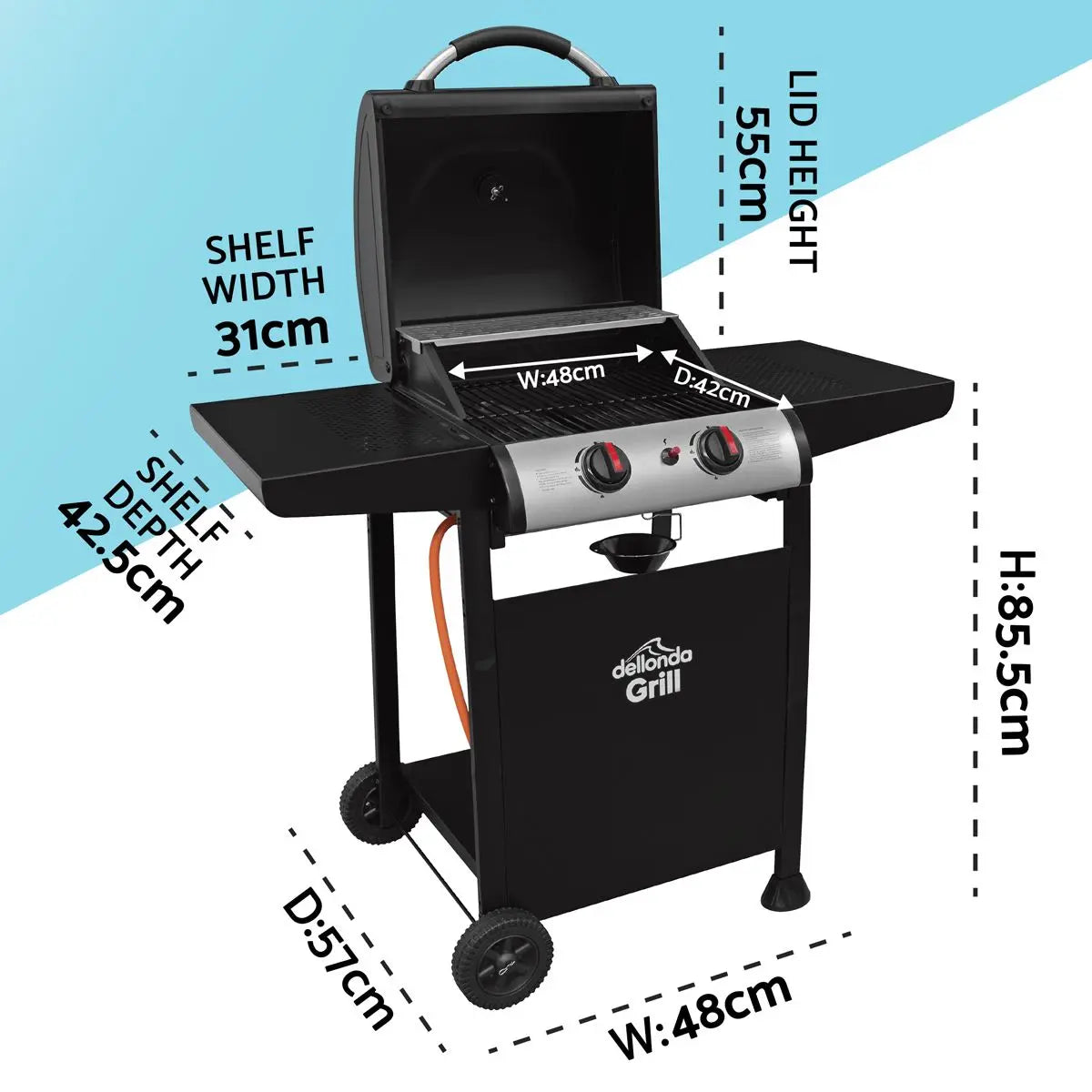 Dellonda 2 Burner Gas BBQ Grill with Ignition & Thermometer - Black/Stainless Steel  White Rose Tools