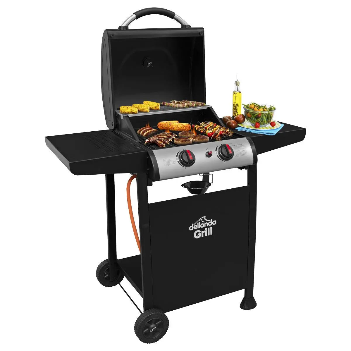 Dellonda 2 Burner Gas BBQ Grill with Ignition & Thermometer - Black/Stainless Steel  White Rose Tools