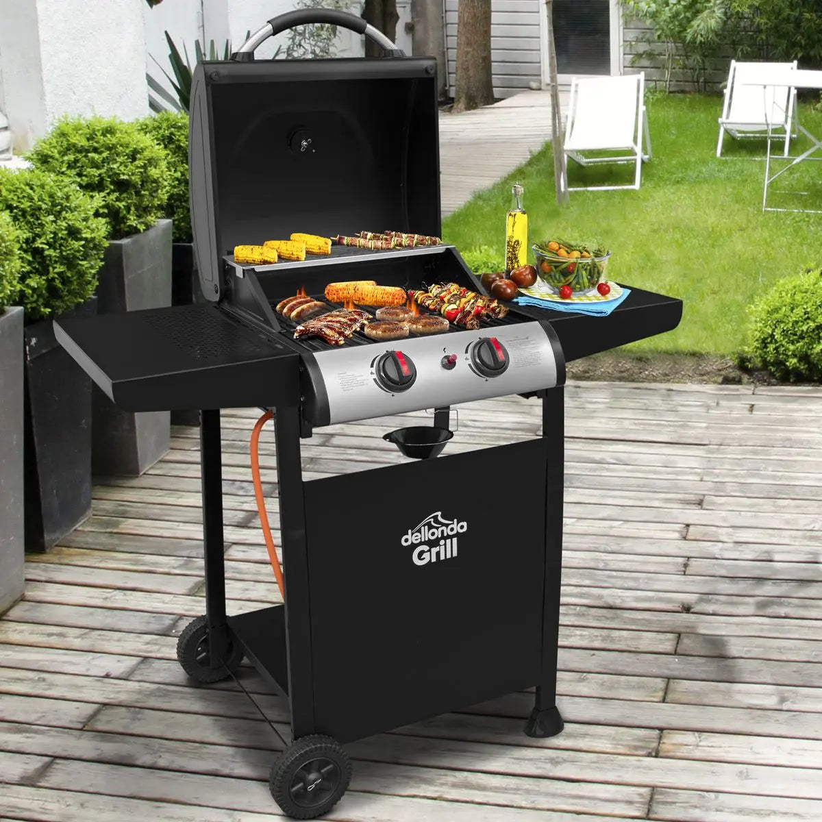 Dellonda 2 Burner Gas BBQ Grill with Ignition & Thermometer - Black/Stainless Steel  White Rose Tools