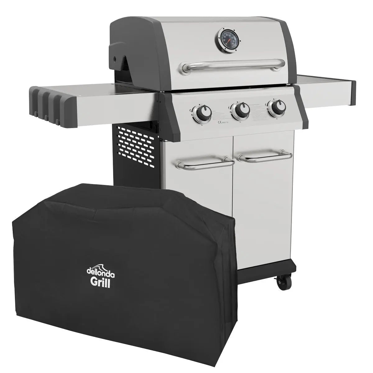 Dellonda 3 Burner Deluxe Gas BBQ Grill with Piezo Ignition and Water Resistant Oxford Style Cover, Stainless Steel  White Rose Tools