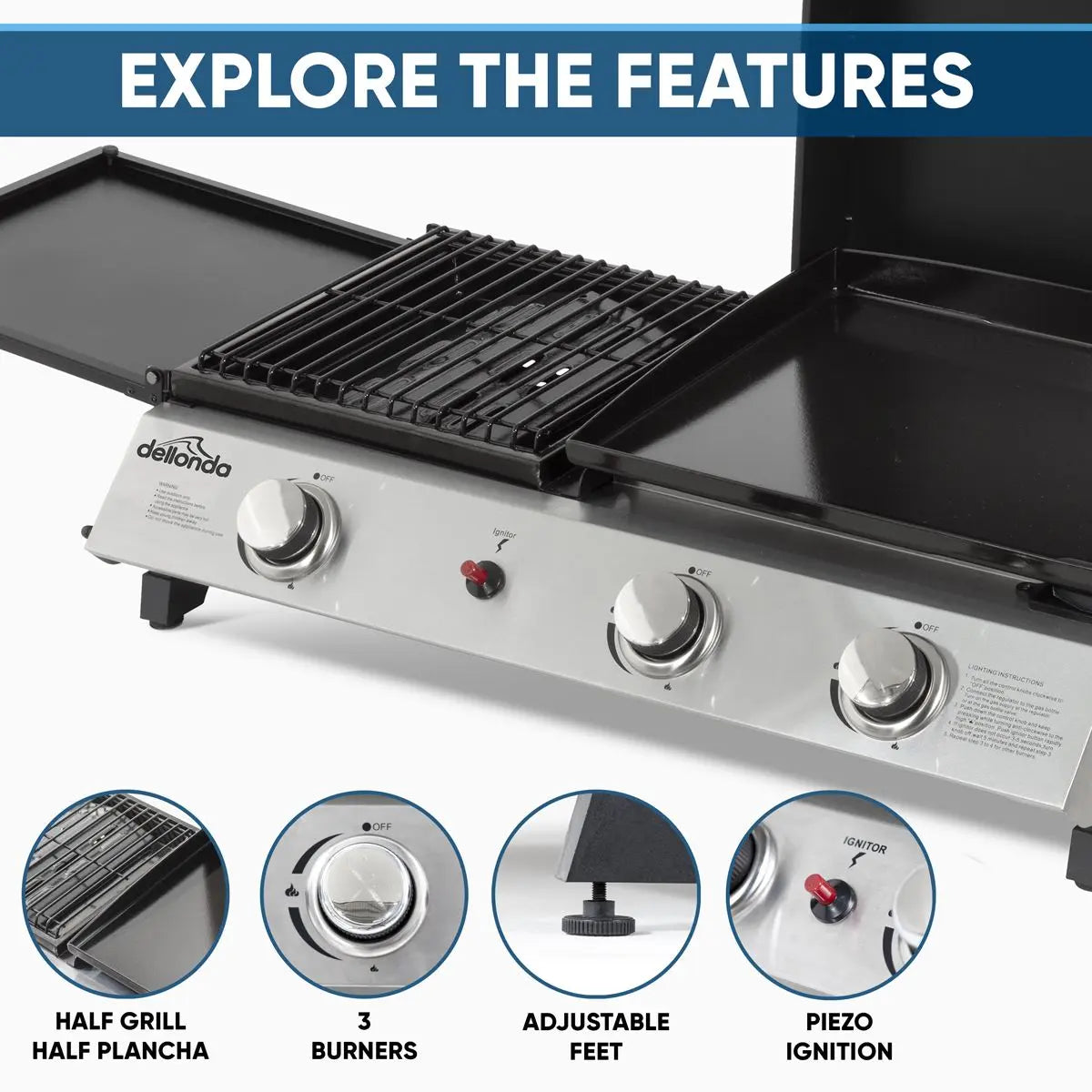 Dellonda 3 Burner Portable Gas Plancha/Grill 8.5kW BBQ Griddle, Stainless Steel  White Rose Tools