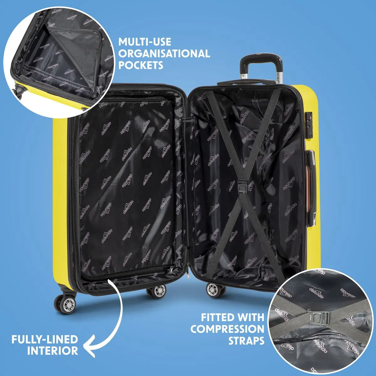 Dellonda 3-Piece ABS Luggage Set with Integrated TSA Approved Combination Lock - Yellow - DL124  White Rose Tools