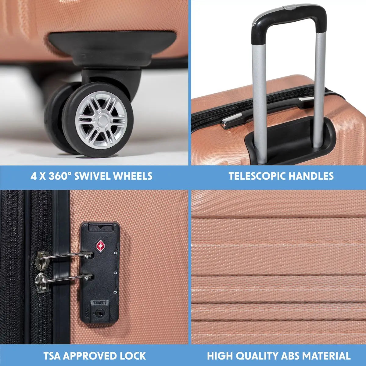 Dellonda 3-Piece Lightweight ABS Luggage Set with Integrated TSA Approved Combination Lock - Rose Gold - DL125  White Rose Tools