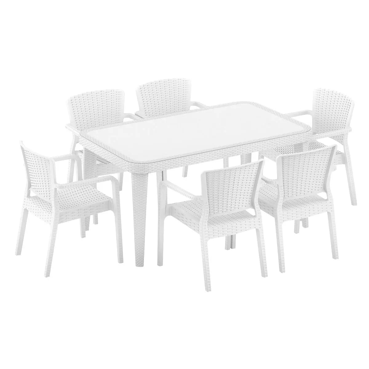 Dellonda 7-Piece Dining Set Weather-Resistant Polypropylene/Fibreglass , Tempered Glass Table Top, Stackable Chairs - White  White Rose Tools