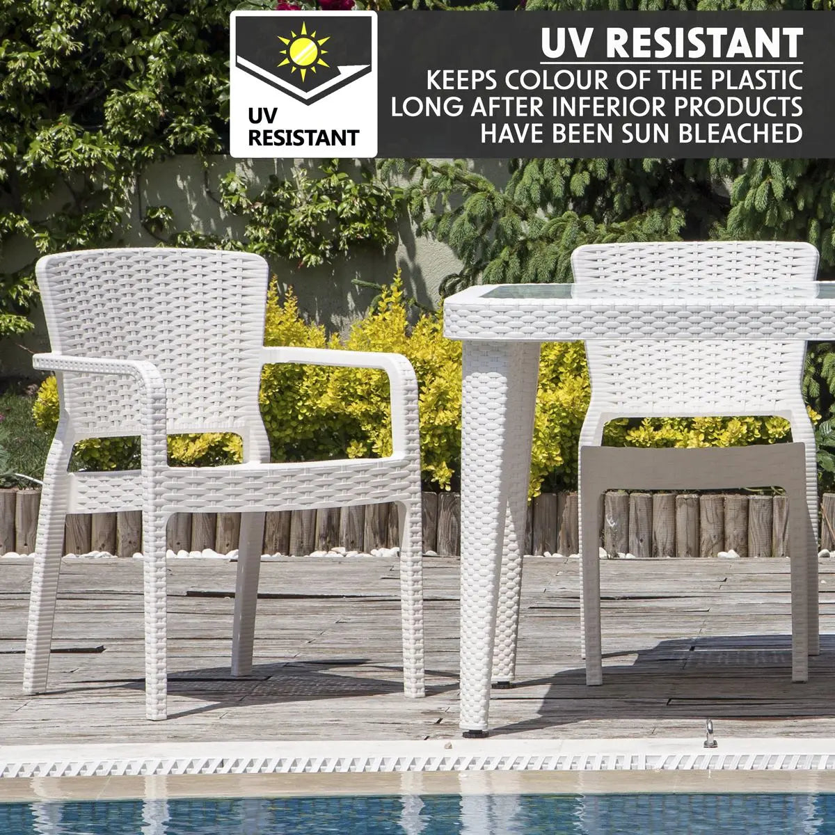 Dellonda 7-Piece Dining Set Weather-Resistant Polypropylene/Fibreglass , Tempered Glass Table Top, Stackable Chairs - White  White Rose Tools