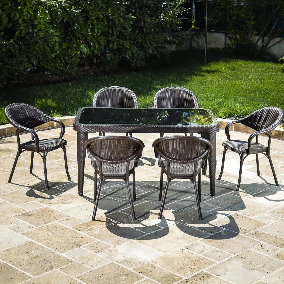 Dellonda 7-Piece Dining Set Weather-Resistant Polypropylene/Fibreglass,Tempered Glass Tabletop, Stackable Chairs - Wenge  White Rose Tools