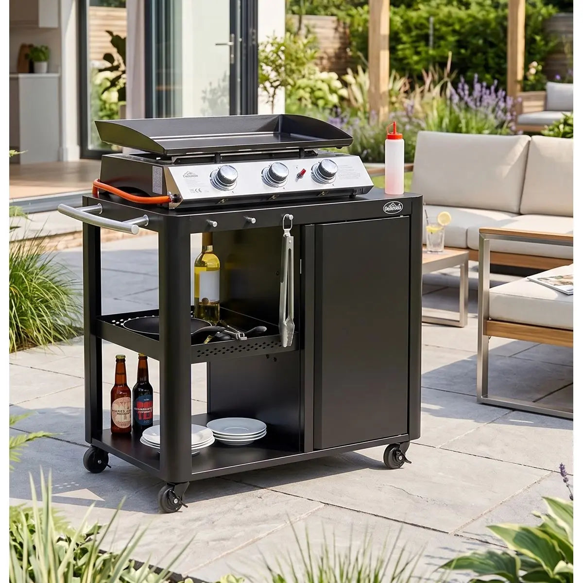 Dellonda BBQ/Plancha Workstation Trolley with Cupboard, Extension Table & Utensil Hooks, Black  White Rose Tools