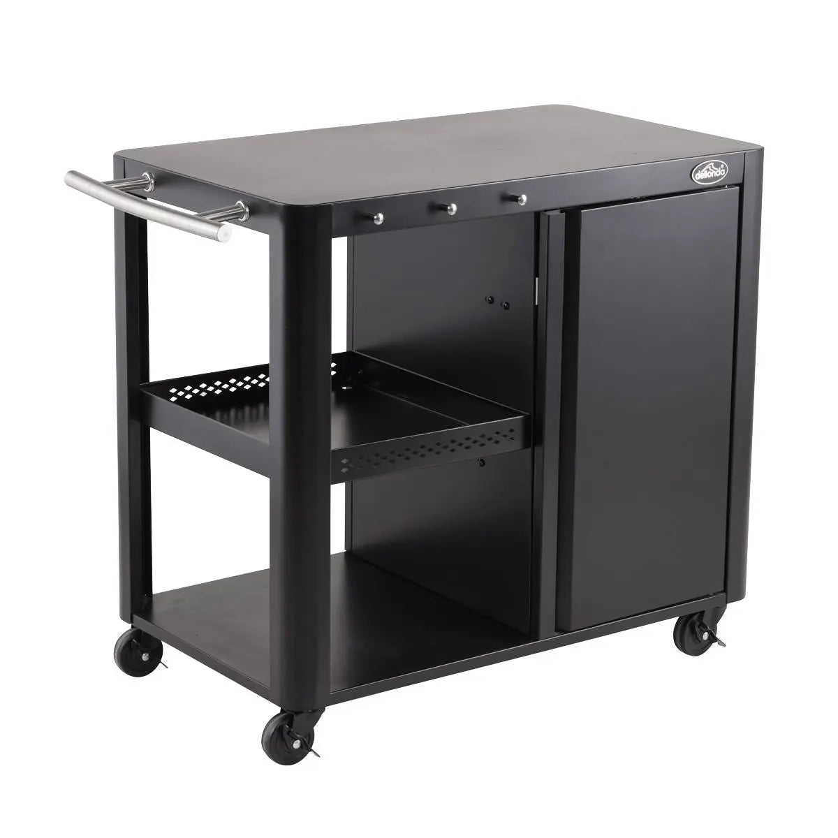 Dellonda BBQ/Plancha Workstation Trolley with Cupboard, Extension Table & Utensil Hooks, Black  White Rose Tools