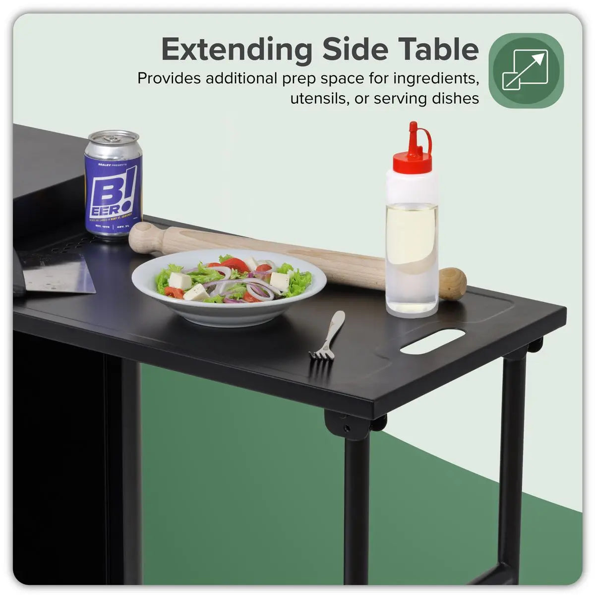 Dellonda BBQ/Plancha Workstation Trolley with Cupboard, Extension Table & Utensil Hooks, Black  White Rose Tools