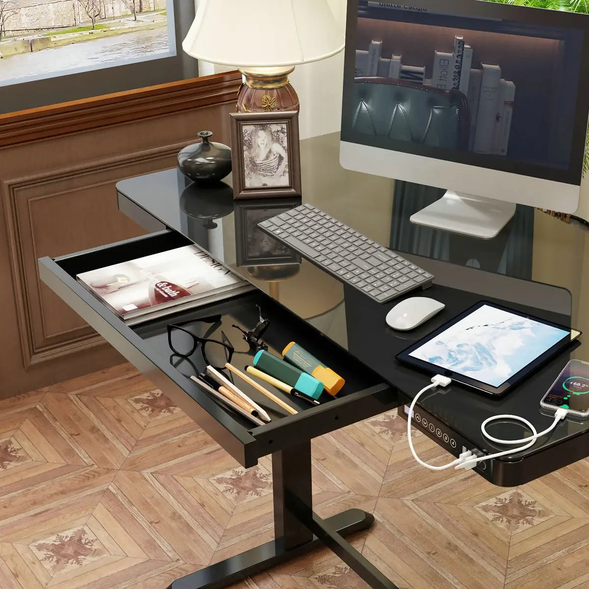 Dellonda Black Electric Adjustable Standing Desk with USB & Drawer, 1200 x 600mm  White Rose Tools