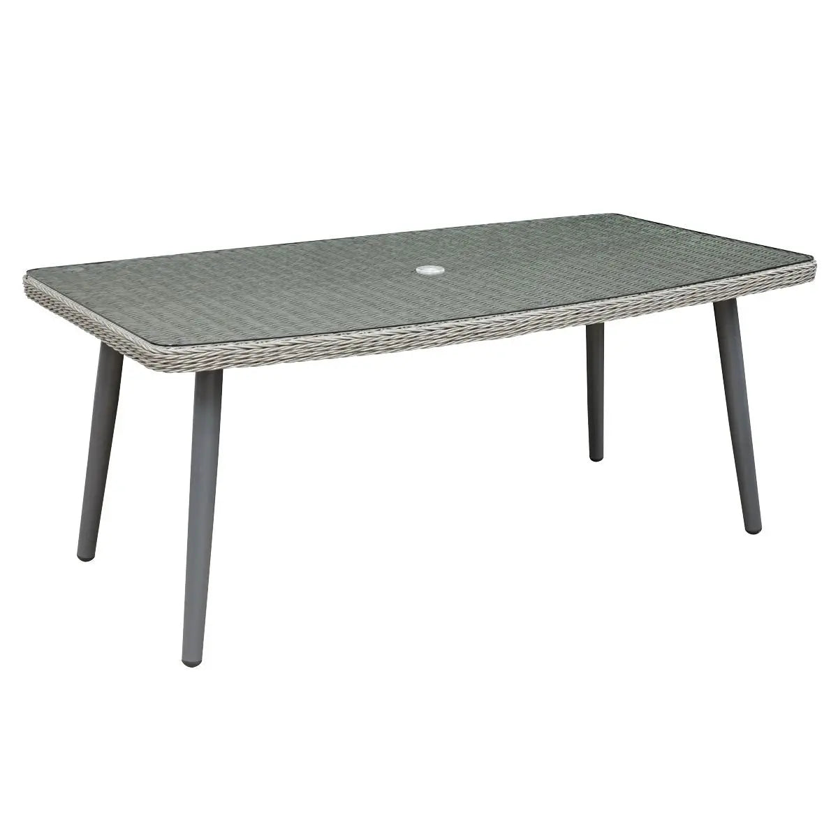 Dellonda Buxton Rattan Wicker Outdoor Dining Table with Clear Tempered Glass Top, Grey  White Rose Tools