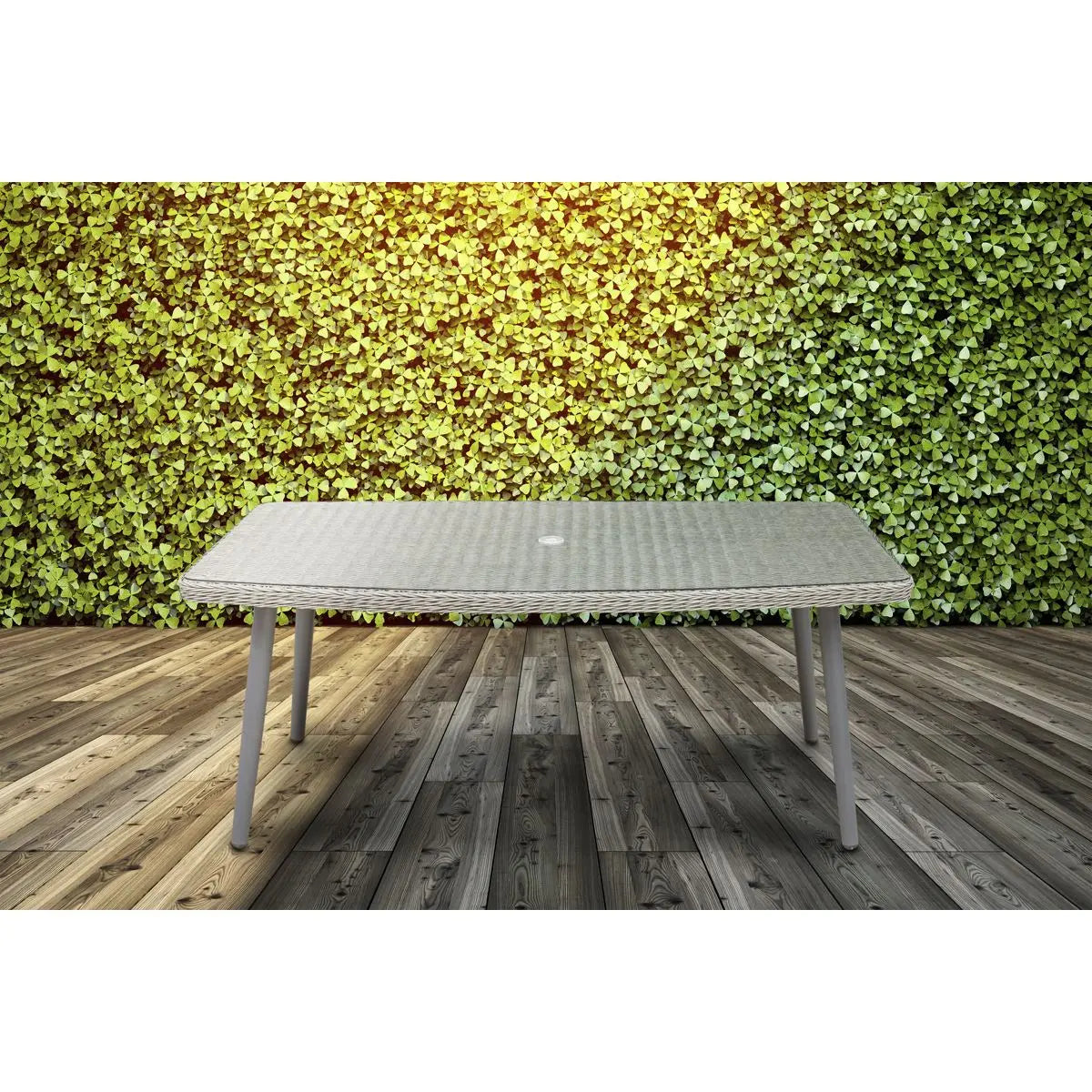 Dellonda Buxton Rattan Wicker Outdoor Dining Table with Clear Tempered Glass Top, Grey  White Rose Tools