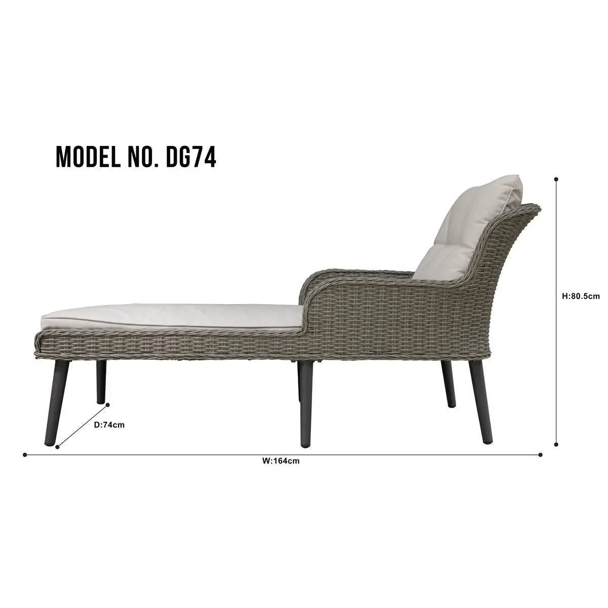 Dellonda Buxton Rattan Wicker Sun Lounger with Armrests Washable Cushions, Grey  White Rose Tools