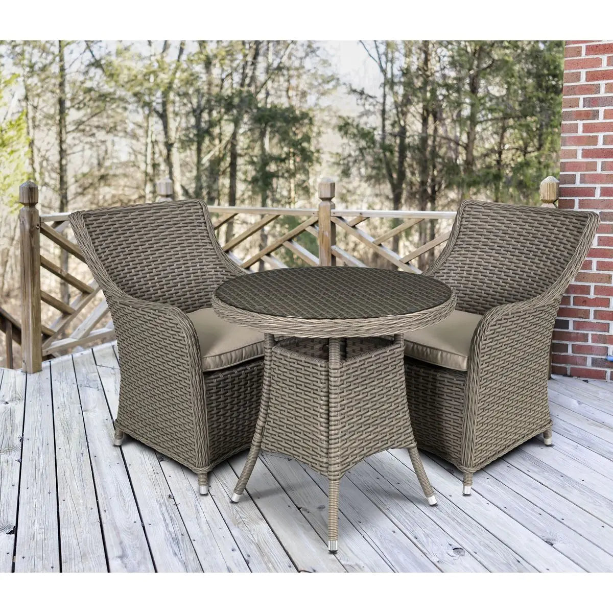 Dellonda Chester 3 Piece Rattan Wicker Outdoor Dining Set with Tempered Glass Table Top, Brown  White Rose Tools