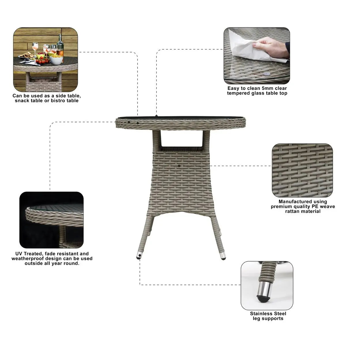 Dellonda Chester Rattan Wicker Outdoor Bistro Table with Tempered Glass Top, Brown  White Rose Tools