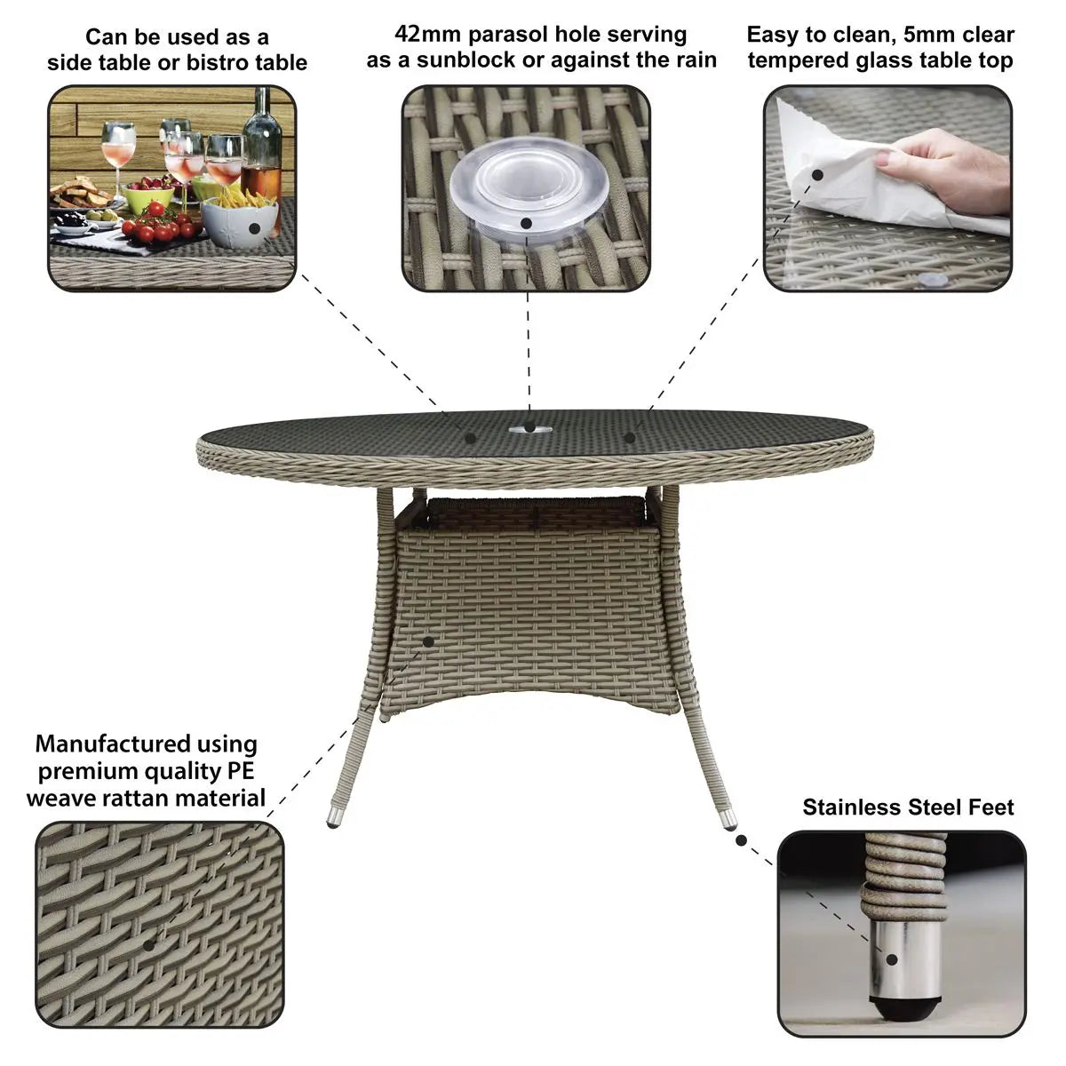 Dellonda Chester Rattan Wicker Outdoor Dining Table with Tempered Glass Top  White Rose Tools