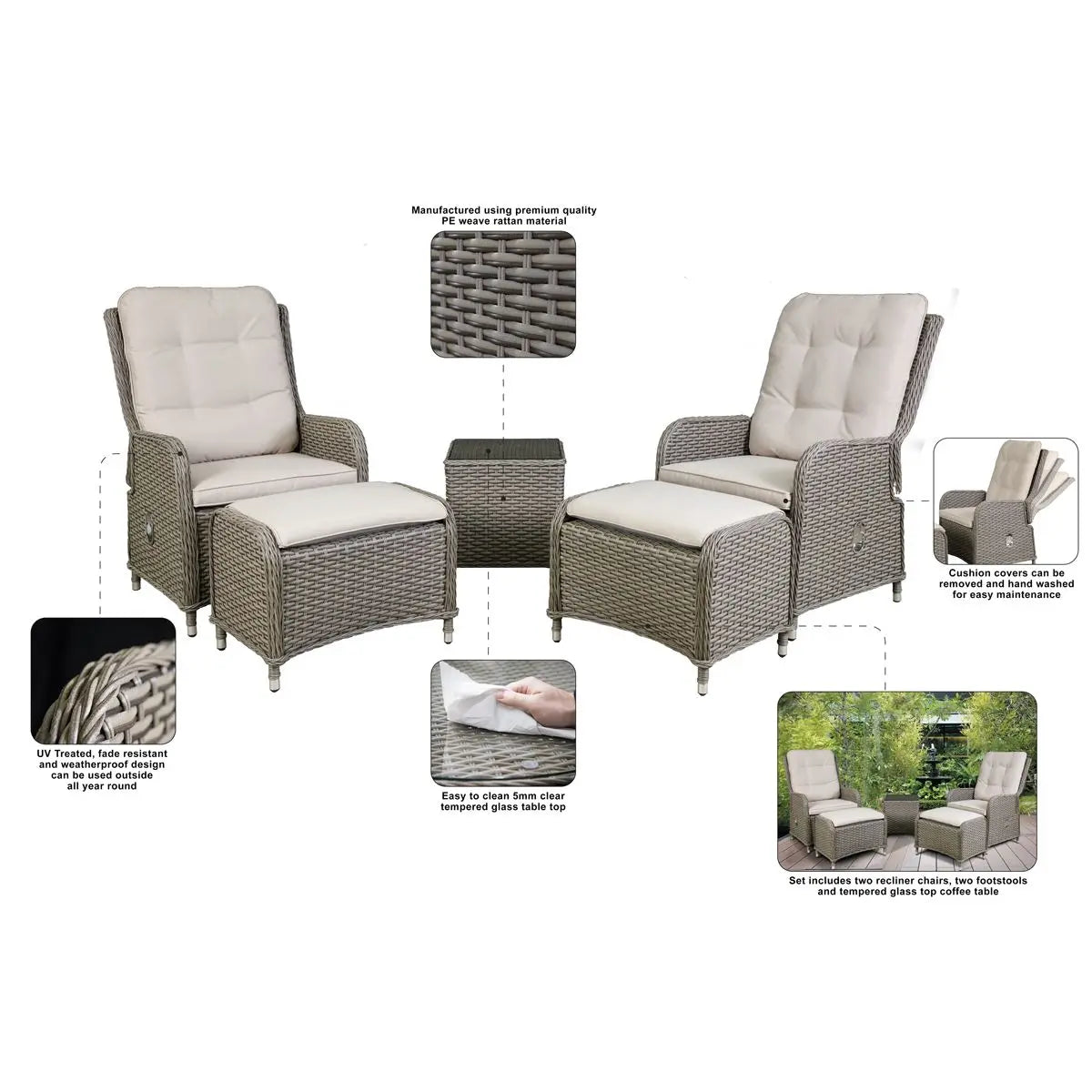 Dellonda Chester Rattan Wicker Outdoor Recliner Seat & Coffee Table Set, Brown  White Rose Tools