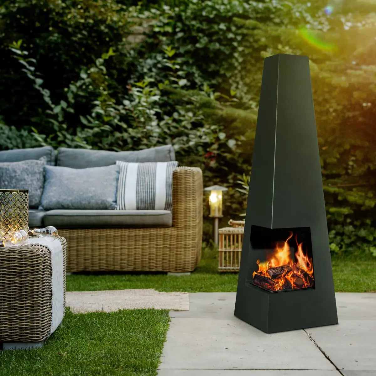 Dellonda Chiminea, Wood Burner, Heater for Outdoors W45cm x H150cm - Black Steel  White Rose Tools