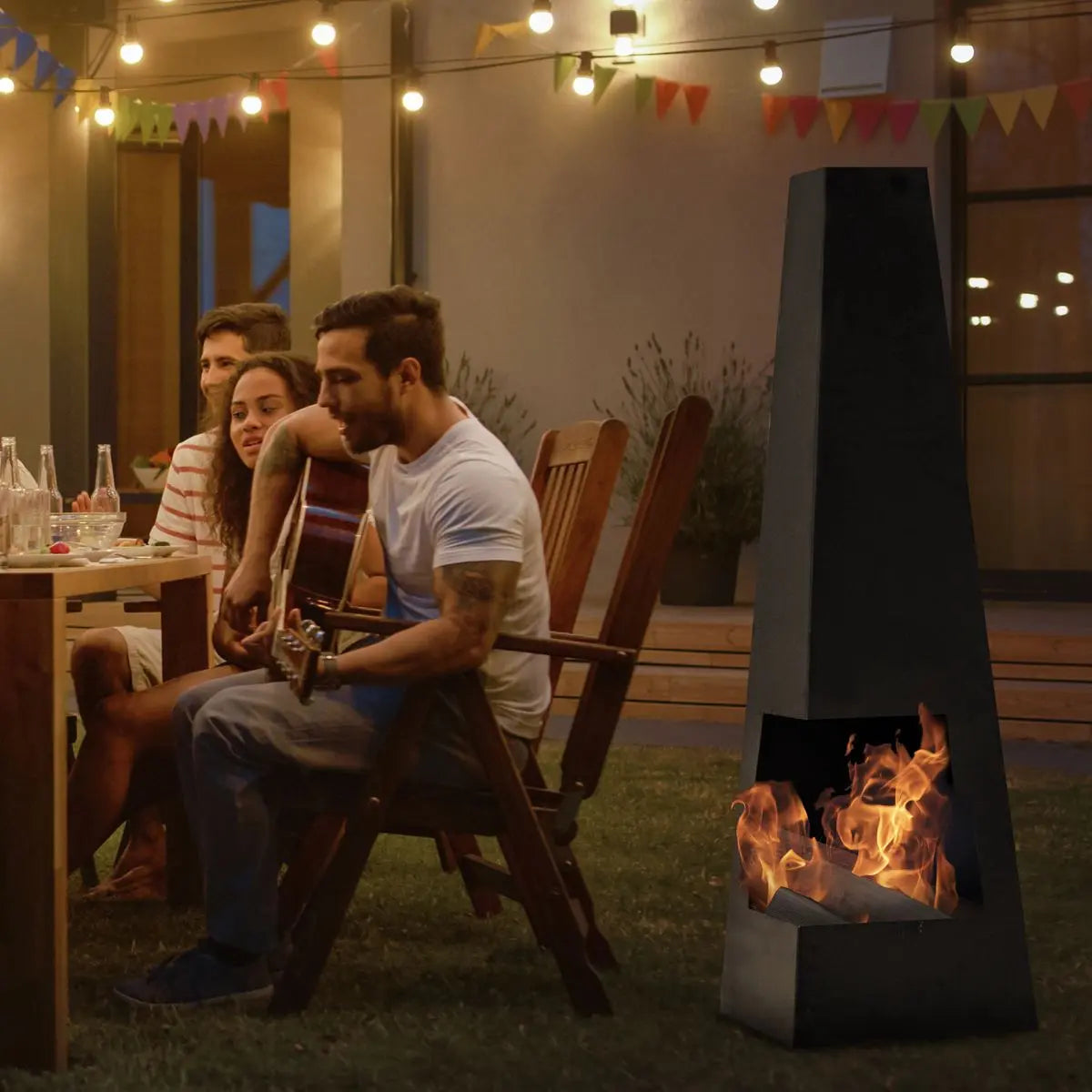 Dellonda Chiminea, Wood Burner, Heater for Outdoors W45cm x H150cm - Black Steel  White Rose Tools