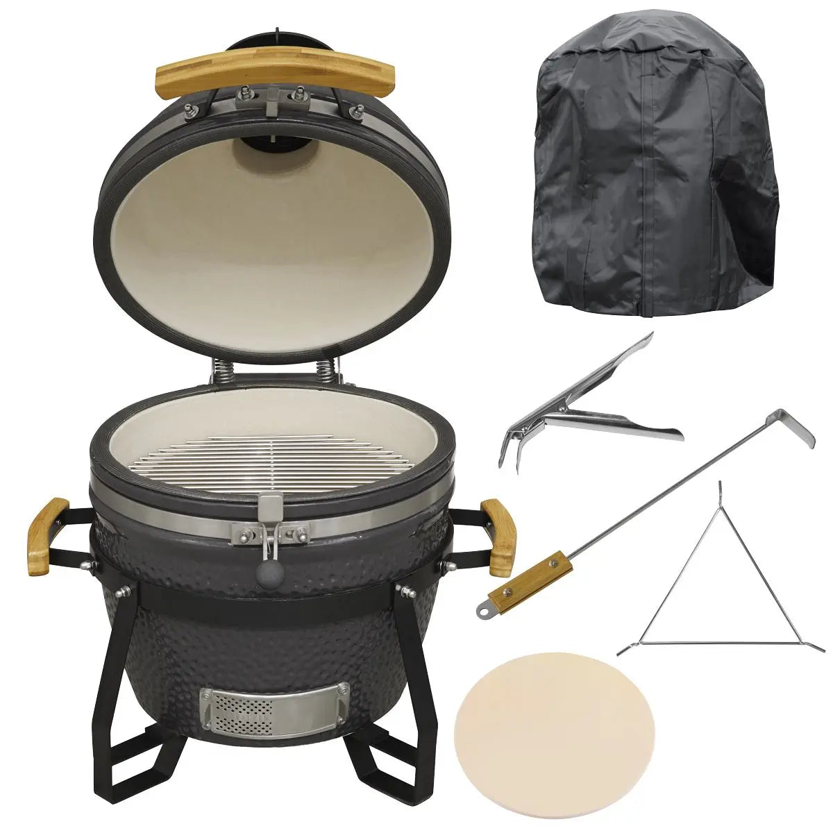 Dellonda Deluxe 16"(40cm) Ceramic Kamado Style BBQ Grill/Oven/Smoker, Includes Cover, Grid Gripper, Heat Deflector  White Rose Tools