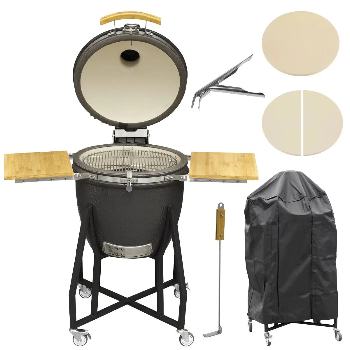 Dellonda Deluxe 22"(56cm) Ceramic Kamado Style BBQ Grill/ Oven/Smoker, Supplied with Stand, Castor Wheels & Accessories  White Rose Tools