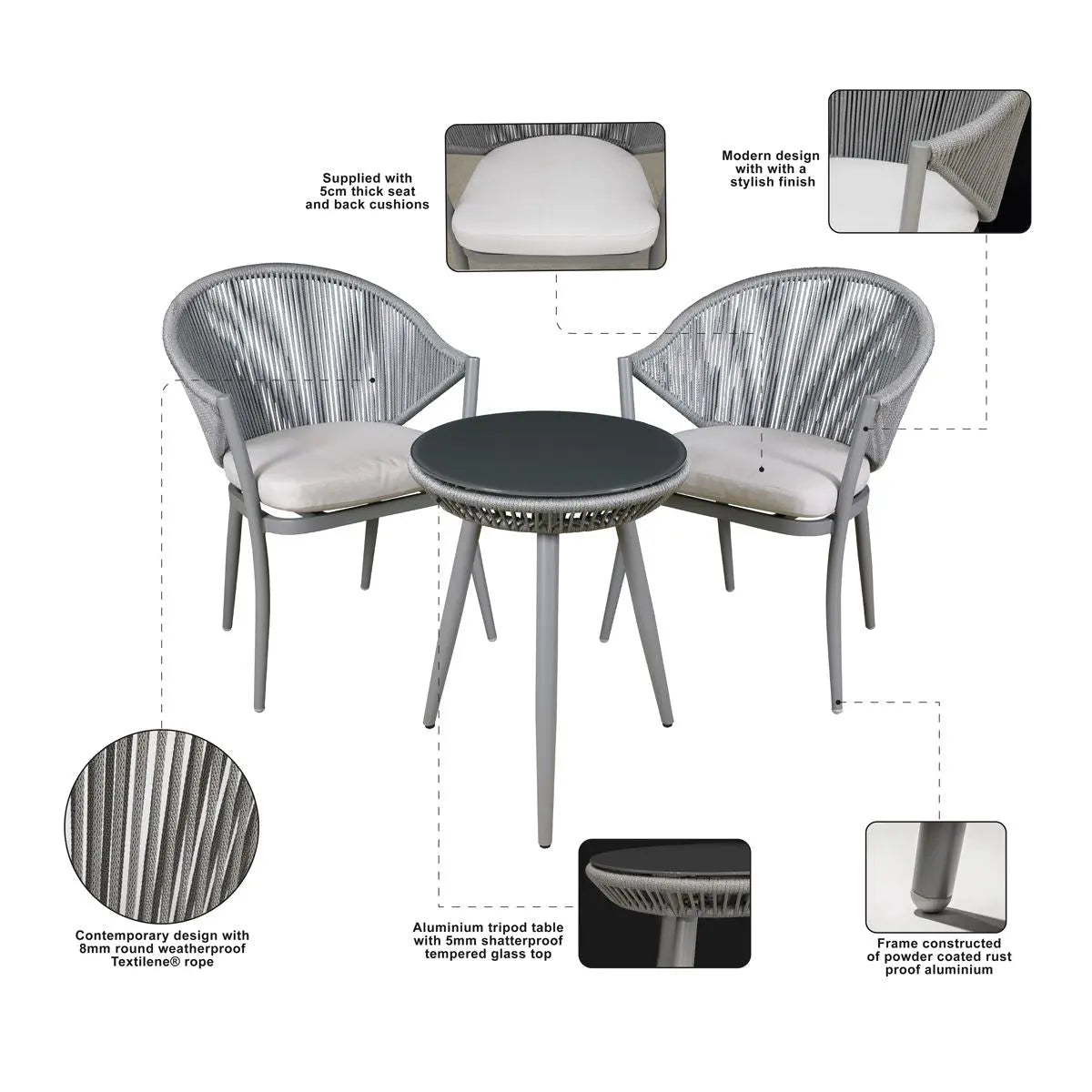 Dellonda Echo 3pc Aluminium Balcony Set with Tempered Glass Top  White Rose Tools