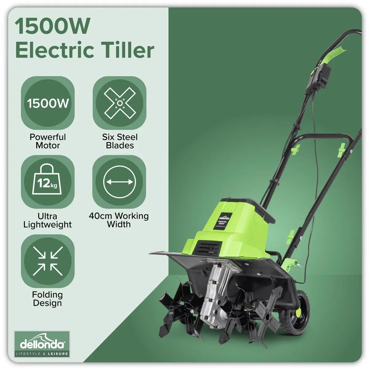 Dellonda Electric Tiller/Cultivator, 1500W Rotavator for Digging Garden Soil, Electric Weeder 40cm Working Width, 6 Blades, 10m Power Cable, Foldable Frame  White Rose Tools