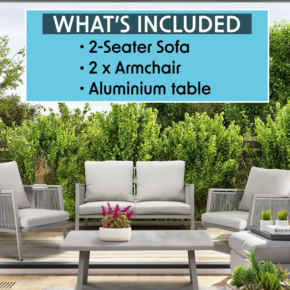 Dellonda Fusion Aluminium 4-Piece Outdoor Sofa, Arm Chairs & Coffee Table Set  White Rose Tools